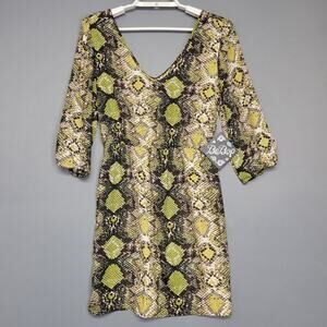 BeBop Dress Womens Small Green Yellow Snake Print 3/4 Sleeve V Neck Mini New